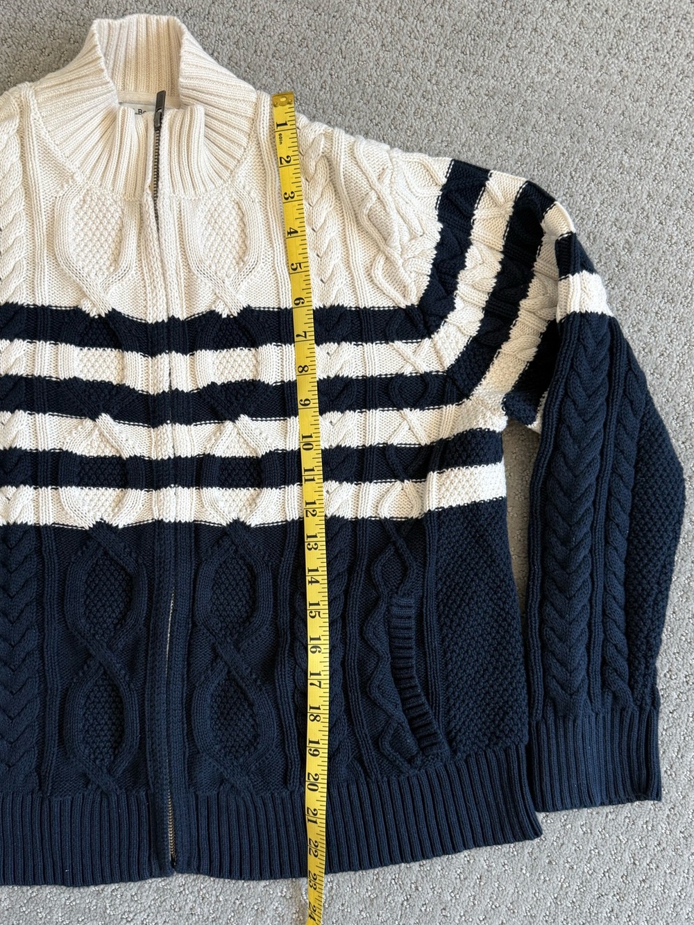 L.L. Bean Navy & Cream Striped Cable-Knit Zip Cardigan Fisherman’s Sweater